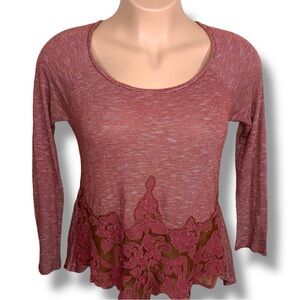 XL LDLA Burgundy White Embroidered Lace Top Stretch Casual Boho Bohemian